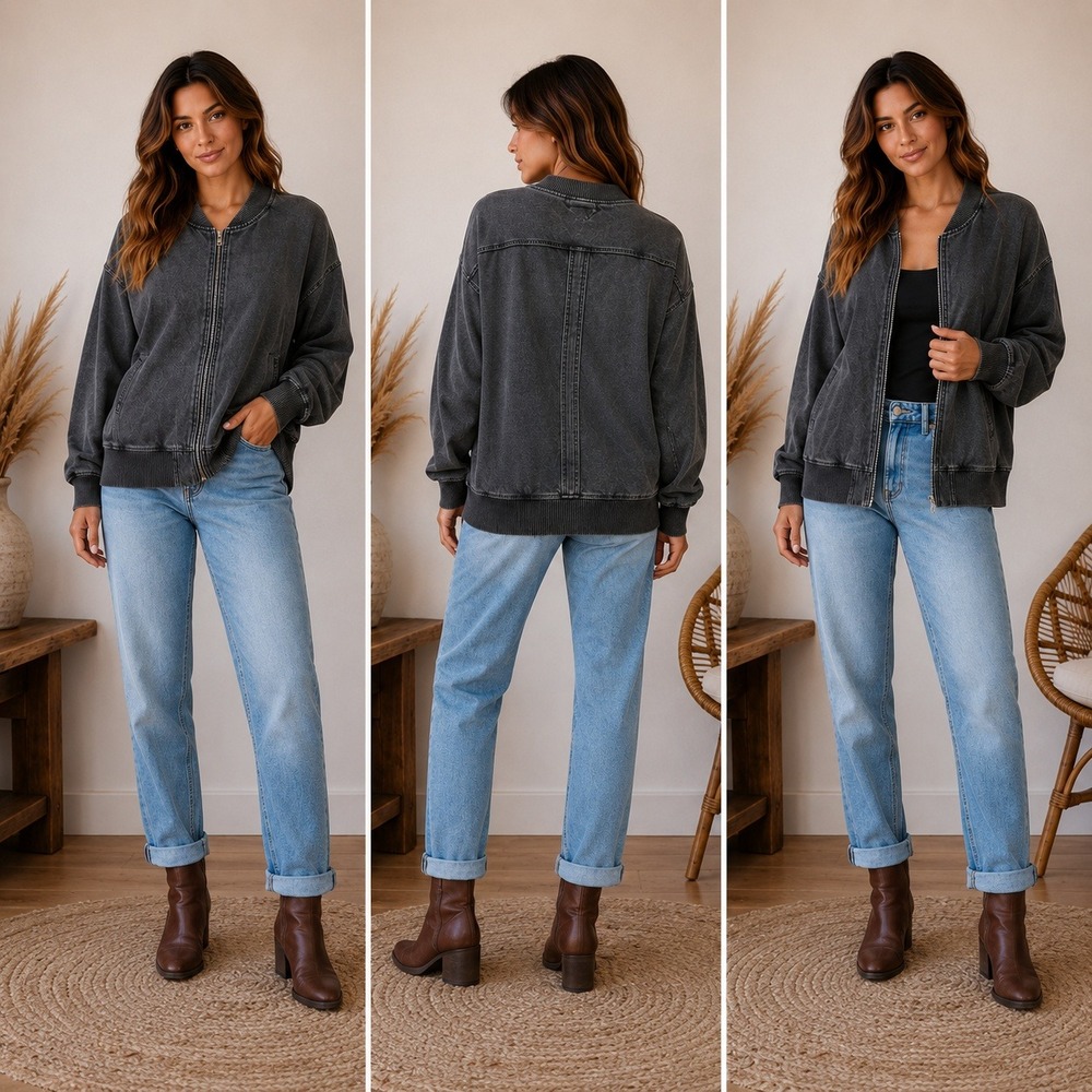 Blue Velvet Bomber Jacket Women Large Black Acid Wash Zip Up Utility Streetwear